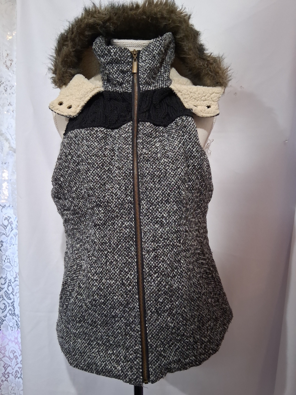 Massimo Black & Gray Tweed Zip-Up Vest with Faux Fur Hood